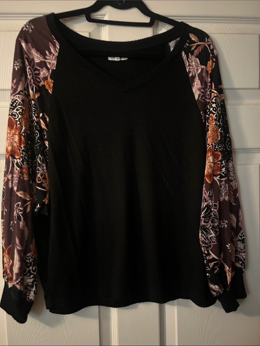 Black V-Neck Top with Floral batwing Sleeves